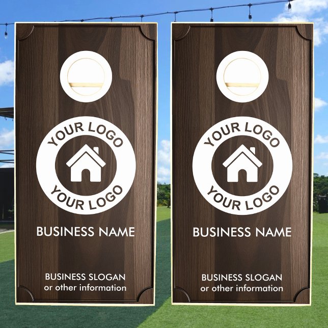 Custom Business Logo Text Dark Wood Grain Cornhole Set (Creator Uploaded)