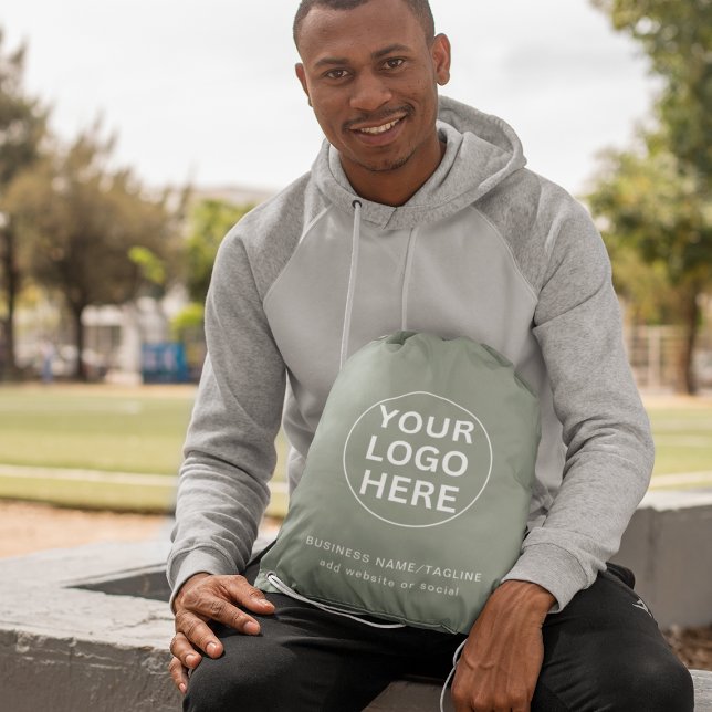 Custom Business Logo & Text l Branded Sage Green  Drawstring Bag (Creator Uploaded)