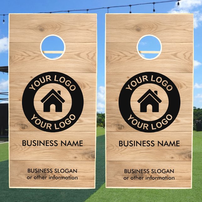 Custom Business Logo Text Light Wood Grain Cornhole Set (Creator Uploaded)