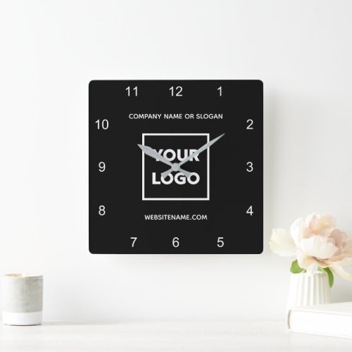 Custom Business Logo Text Minimal Black Square Wall Clock