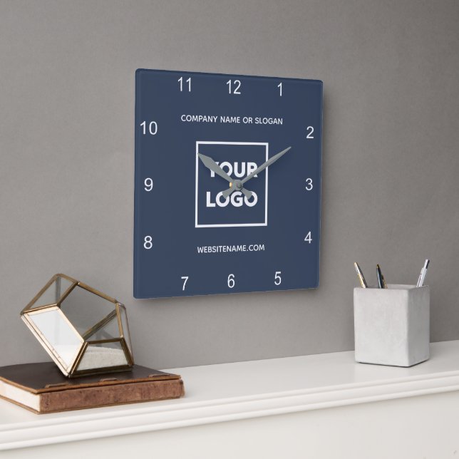Custom Business Logo Text Minimal Navy Blue Square Wall Clock (Office)