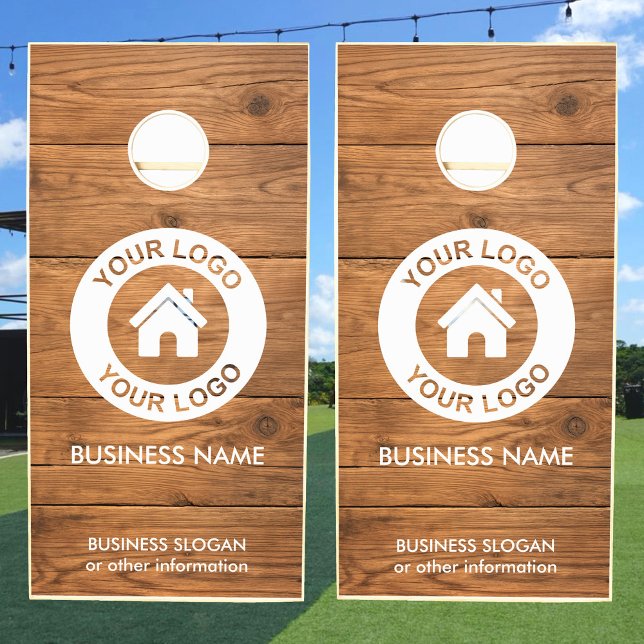 Custom Business Logo Text Rustic Wood Grain Cornhole Set (Creator Uploaded)