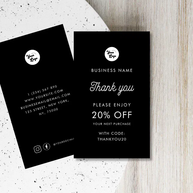 Custom Business Logo Thank You Minimalist Black Discount Card | Zazzle
