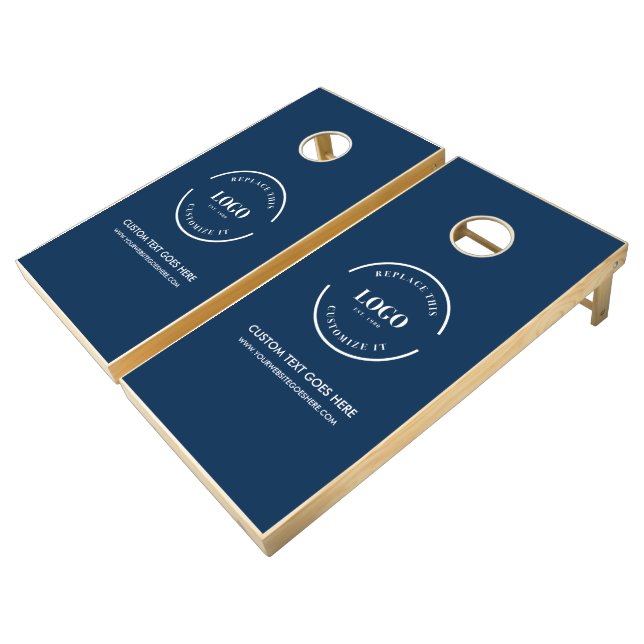 Custom Business Logo Website Navy Blue Branded Cornhole Set (Angled)