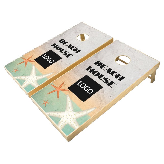 Custom Business Logo Wooden Starfish Beach House Cornhole Set (Angled)