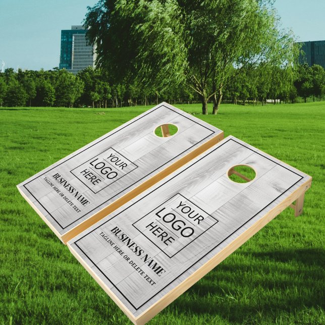 Custom Business Name & Logo Grey Wood Branded Cornhole Set (Creator Uploaded)