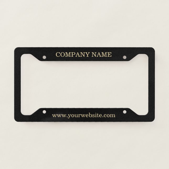 Custom Business Name Website Gold Script Black License Plate Frame (Front)