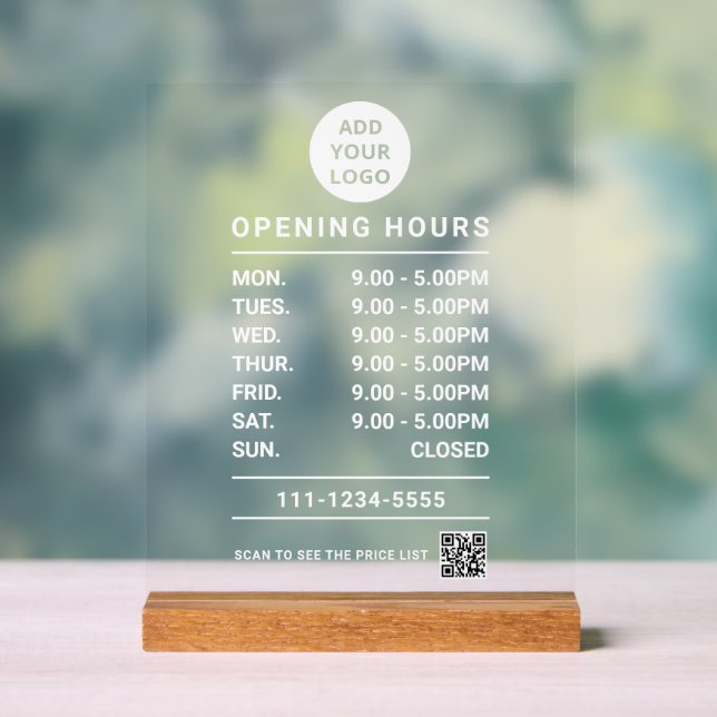 Custom Business Opening Hours logo and qr code Acrylic Sign (Neutral)