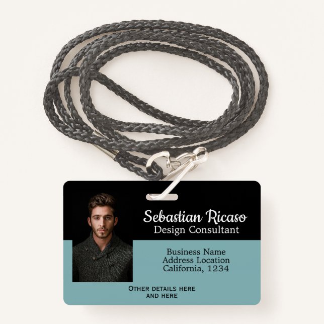 Custom Business Personalized Teal Black Badge (Front with Lanyard)