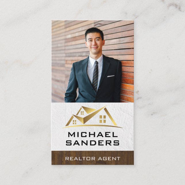 Custom Business Photo | Gold Real Estate Logo Business Card (Front)