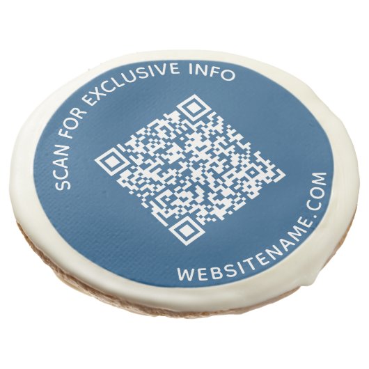 Custom Business QR Code and Text on Blue Sugar Cookie (Angled)
