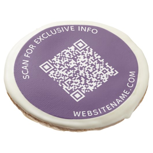 Custom Business QR Code and Text on Purple Sugar Cookie (Angled)
