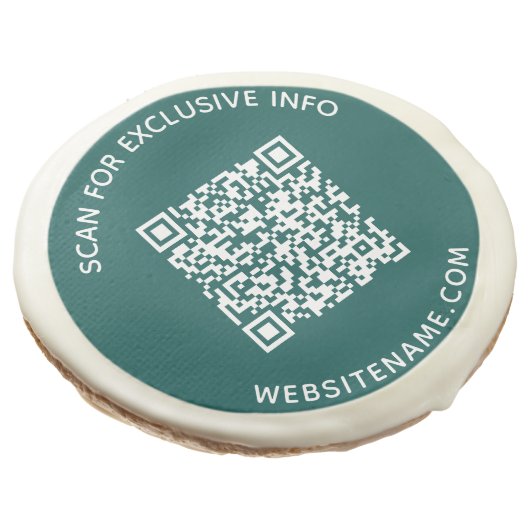Custom Business QR Code and Text on Teal Sugar Cookie (Angled)