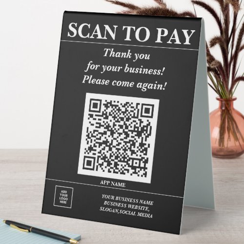 Custom Business QR Code Mobile Pay Here Logo Black Table Tent Sign