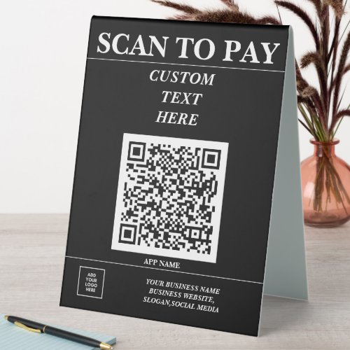 Custom Business QR Code Mobile Pay Here Logo Black Table Tent Sign