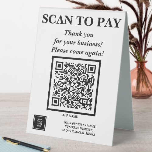 Custom Business QR Code Mobile Pay Here Logo White Table Tent Sign