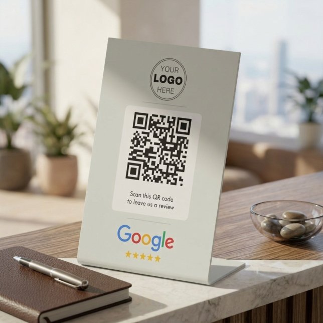 Custom Business Review QR Code Logo Pedestal Sign (Custom QR Code Review Sign for Business — Personalized Logo Tabletop Display for Salon.)