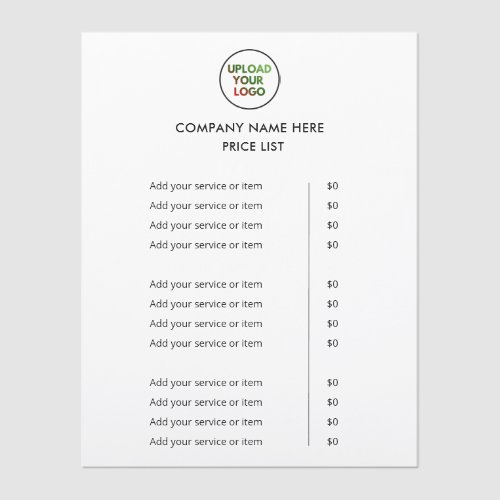 Custom Business Service Menu & Price List