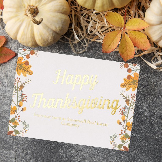 Custom Business Thanksgiving Chic Fall Leaves Gold Foil Holiday Card (Creator Uploaded)