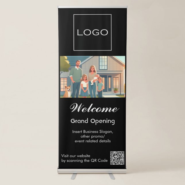 Custom Business Welcome with Logo, Photo, QR Code Retractable Banner (Front)