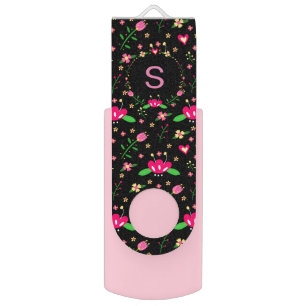 Custom Busy Floral Pattern on Black Monogram Flash Drive