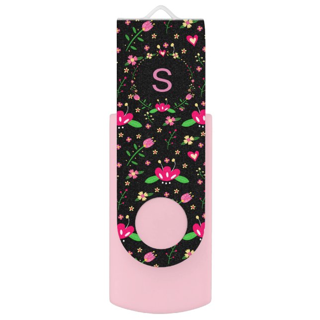 Custom Busy Floral Pattern on Black Monogram Flash Drive (Front Vertical)