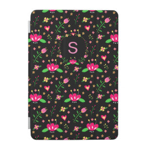 Custom Busy Floral Pattern on Black Monogram iPad Mini Cover