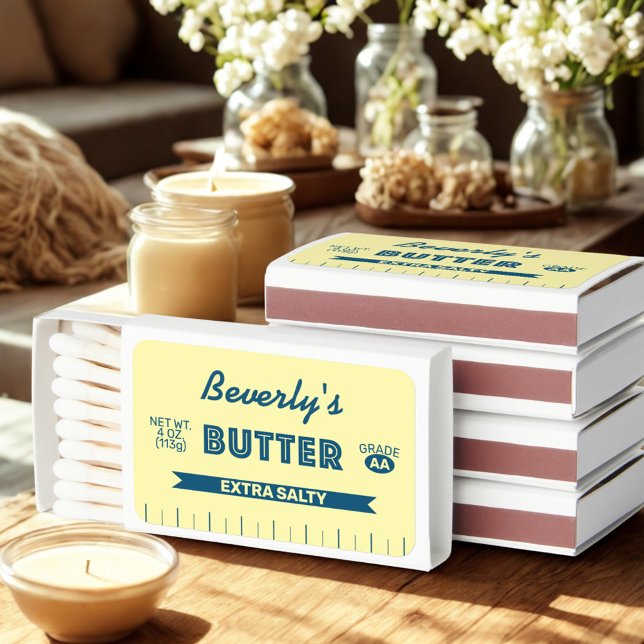 Custom Butter Stick Retro Personalized Foodie Gift Matchboxes (Treat yourself to these personalized stick of butter matches or gift them to a foodie friend)