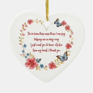 Custom Butterflies and Flowers Heart Thank You Ceramic Ornament