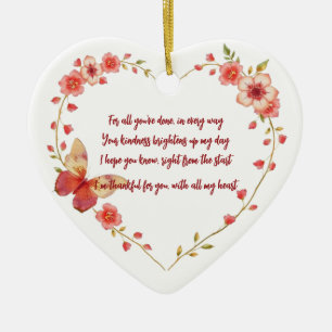Custom Butterflies and Flowers Heart Thank You Ceramic Ornament