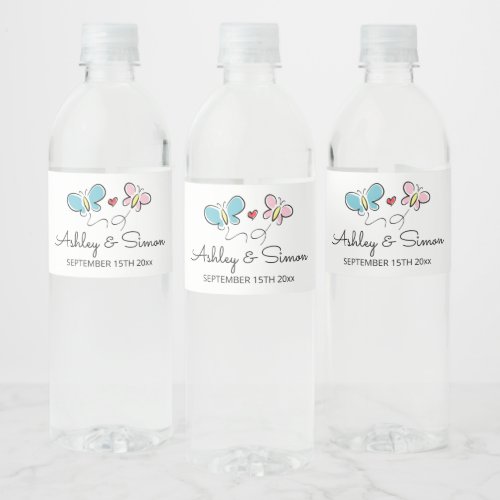 Custom butterflies fluttering wedding reception water bottle label