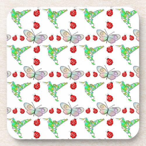 Custom Butterfly Hummingbird and Ladybug Pattern Beverage Coaster