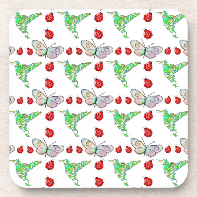 Custom Butterfly, Hummingbird and Ladybug Pattern Beverage Coaster (Front)