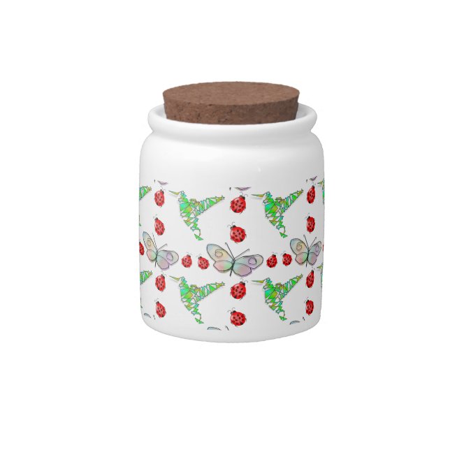 Custom Butterfly, Hummingbird and Ladybug Pattern Candy Jar (Front)