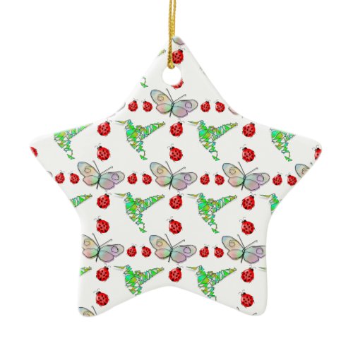 Custom Butterfly, Hummingbird and Ladybug Pattern Ceramic Ornament