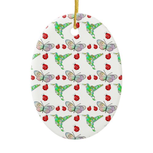 Custom Butterfly, Hummingbird and Ladybug Pattern Ceramic Ornament