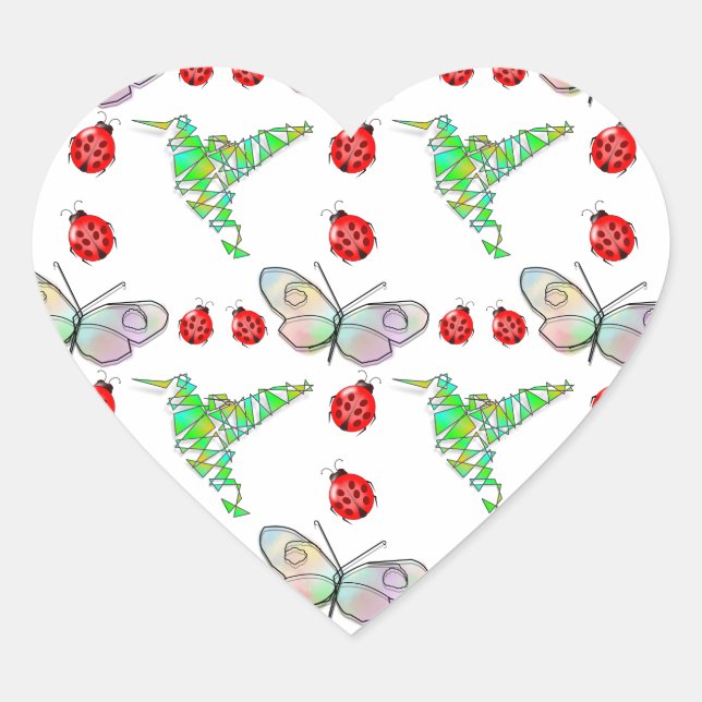 Custom Butterfly, Hummingbird and Ladybug Pattern Heart Sticker (Front)