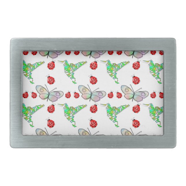 Custom Butterfly, Hummingbird and Ladybug Pattern Rectangular Belt Buckle (Front)
