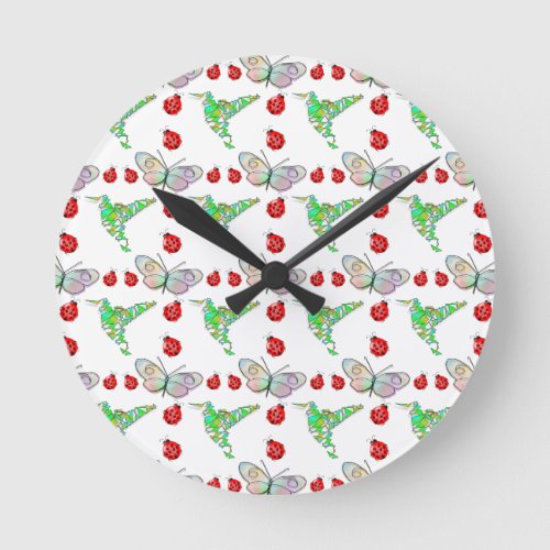 Custom Butterfly Hummingbird and Ladybug Pattern Round Clock