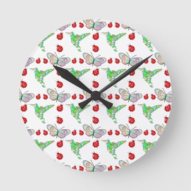 Custom Butterfly, Hummingbird and Ladybug Pattern Round Clock (Front)