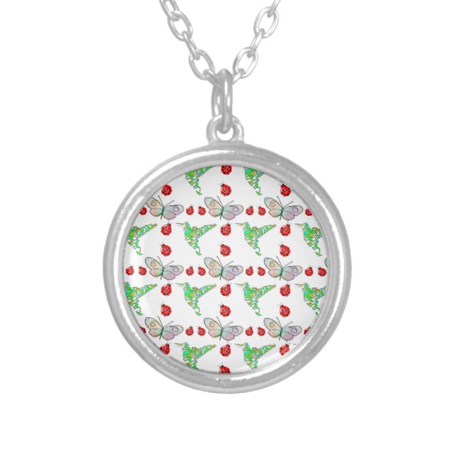Custom Butterfly, Hummingbird and Ladybug Pattern Silver Plated Necklace (Front)