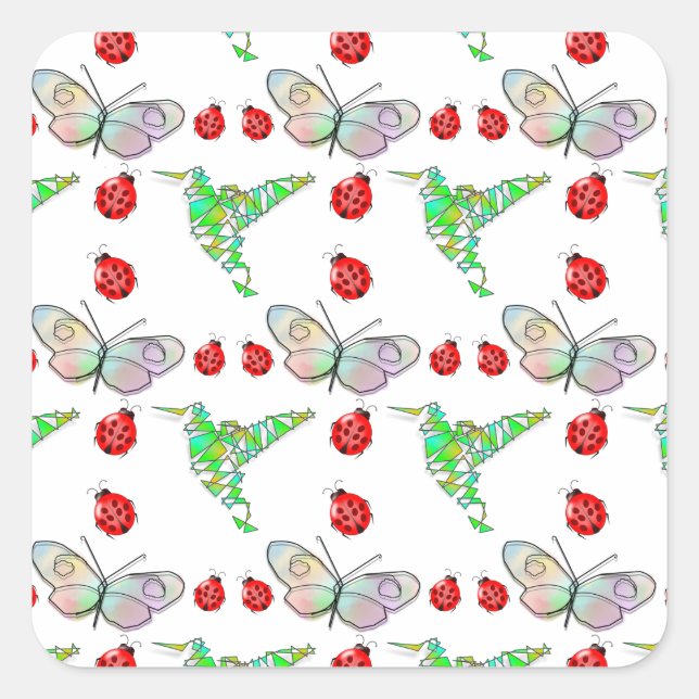 Custom Butterfly, Hummingbird and Ladybug Pattern Square Sticker (Front)