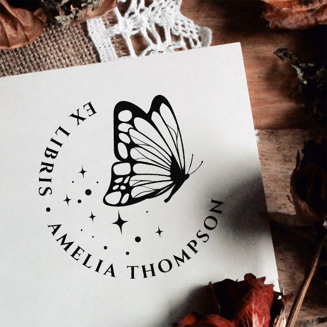 Custom Butterfly & Stars Round Ex Libris Bookplate Rubber Stamp (Creator Uploaded)
