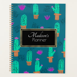 Custom Cactus Doodle Name Gold Planner