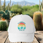 Custom Cactus Sunset Arizona Desert Trip Trucker Hat<br><div class="desc">This cool cactus sunset hat is customized with your family name for a trip to Phoenix Arizona or another desert oasis town. Personalized vacation hats in bright,  fun teal and orange colors with grunge custom script.</div>
