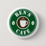 Custom cafe barista round name badge buttons<br><div class="desc">Custom cafe barista round name badge pinback buttons for coffee bar, cafe, restaurant, shop, business etc. Personalized round name badges with cup and beans silhouette design. Available in small , medium and large. Create badges for staff, personnel, company co workers, boss, manager, employees, colleagues etc. Add your own name or...</div>