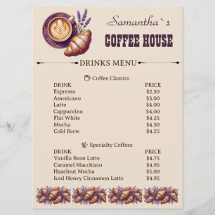 Custom Cafe Merch Vintage Croissant With Lavend Menu