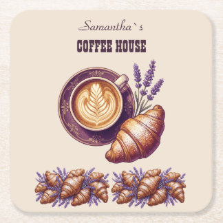 Custom Cafe Merch Vintage Croissant With Lavend Square Paper Coaster
