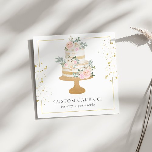 Custom Cakes Floral Gold Glitter Frame Bakery Square Business Card
