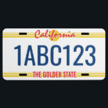 Custom California license plate retro style<br><div class="desc">Custom California license plate retro style. Make your own American vanity license plates for car, truck, vehicle, golf cart, quad and more. Cool automotive Birthday gift idea for car lovers of the golden state. Personalize with your own text or numbers. Red script typography template with yellow sun. Aluminum and plastic...</div>